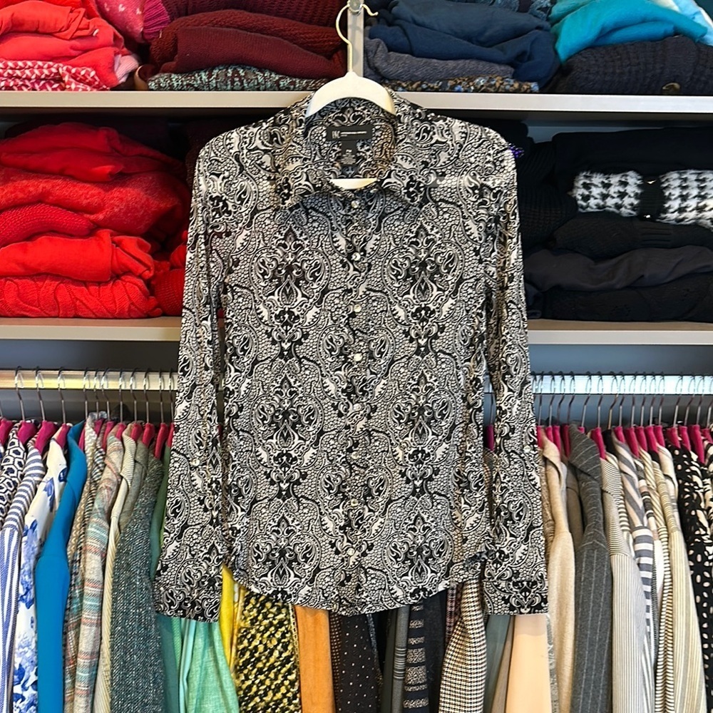 INC black/white print long sleeve jewel button down semi sheer top size MP
